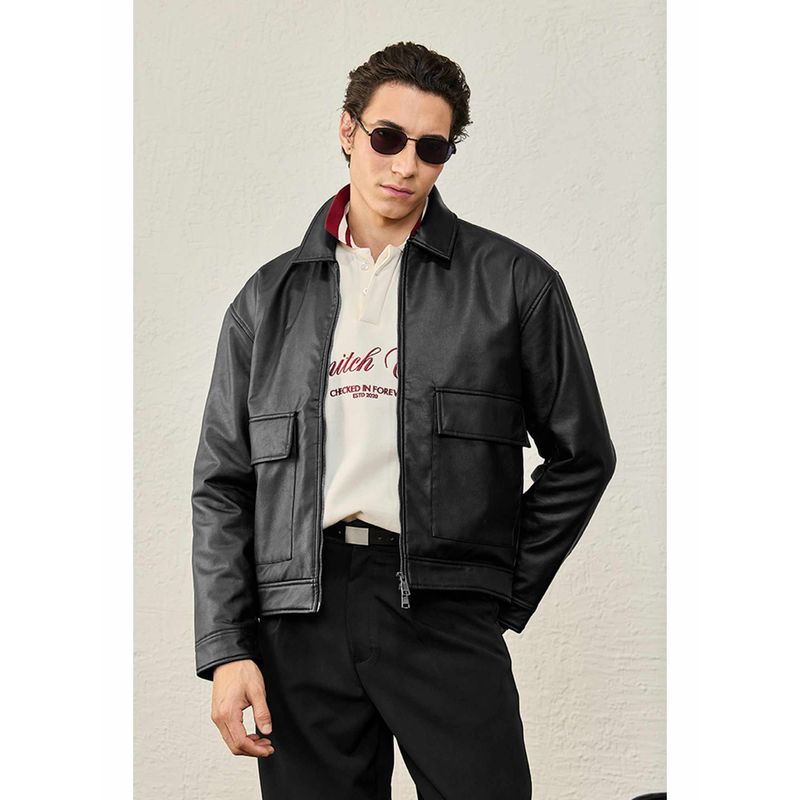 Snitch Black Pu Leather Collar Neck Jacket (S)