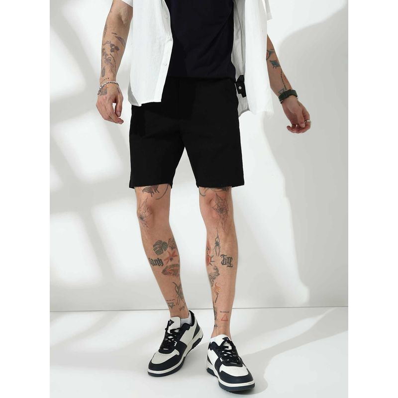necked Black Cotton Blend Mid Waist Shorts (30)