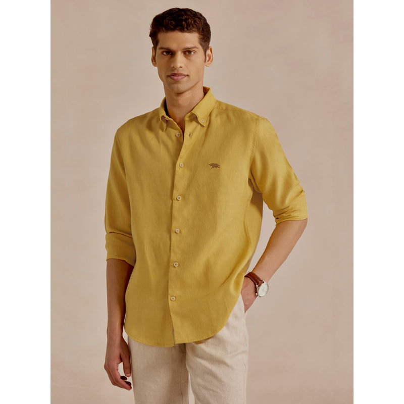 Andamen Casual Men Linen Solid Yellow Regular Fit Shirt (M)