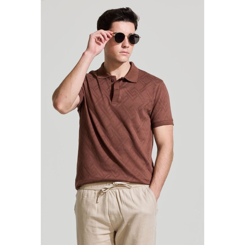Snitch Men Brown Self-Design Half Sleeves Slim Fit Polo T-Shirt (L)
