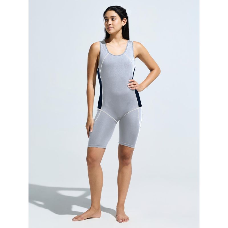 DOMIN8 Womens Grey Breathable Trendy Thigh Length Cut & Sew Swim Suit (M)