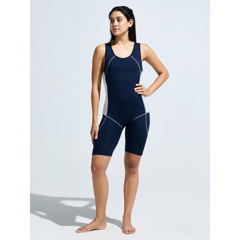 DOMIN8 Womens Navy Blue Breathable Trendy Thigh Length Cut & Sew Swim Suit (S)