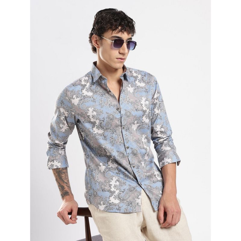 MR BUTTON Blue Cotton Satin Printed Shirt (L)