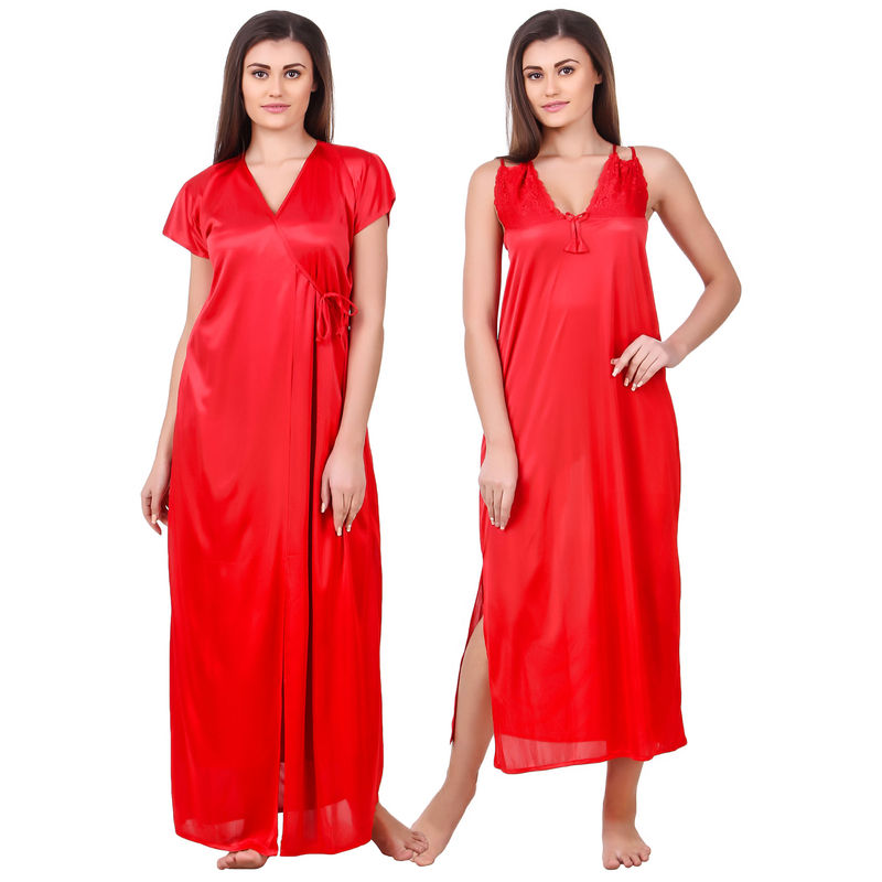 Fasense Women Satin Red Nightwear 2 Pc Set of Nighty & Wrap (M)