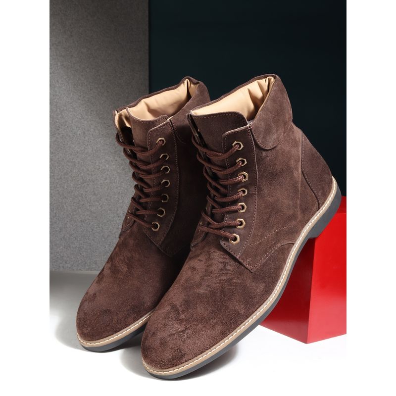 Teakwood Brown Solid Round Toe Suede Flat Lace-Up Boot (EURO 40)