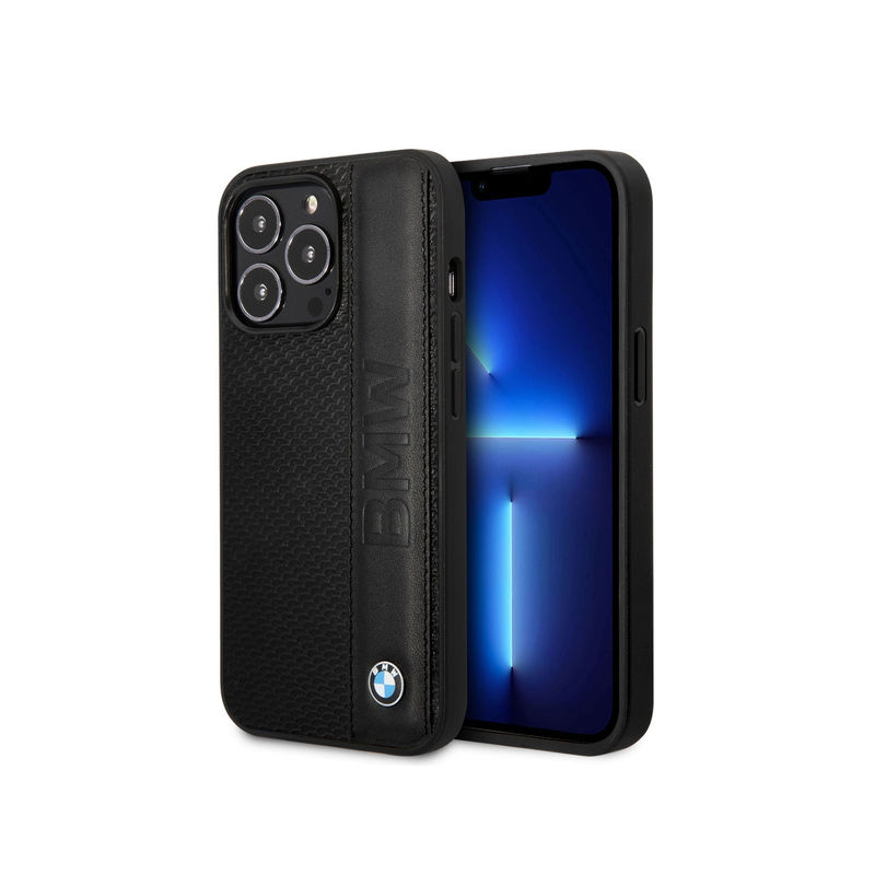 Treemoda Signature Collection Textured and Big Logo Stripe Black Leather Case (iPhone 13 Pro)