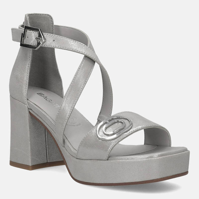 BAGATT Cesena Silver Leather Womens Ankle Strap Heeled Sandals (EURO 40)