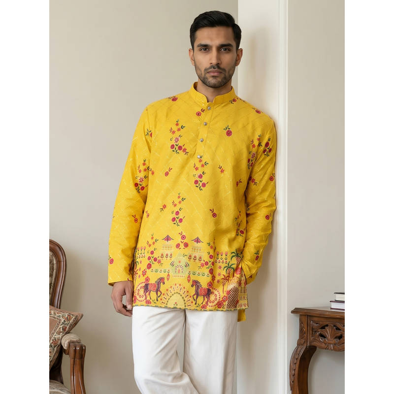 Jompers Yellow Floral Full Sleeves Kurta (S) - Image 1