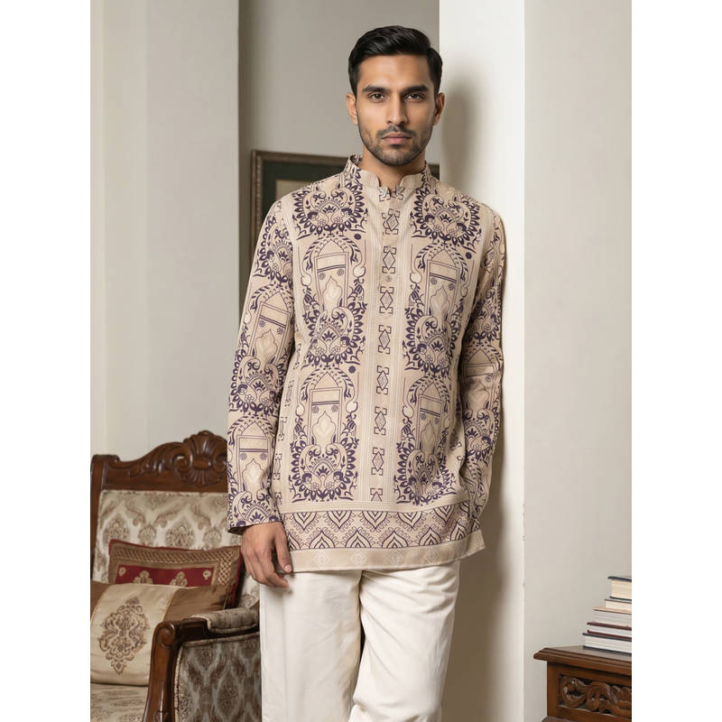 Jompers Beige Floral Full Sleeves Kurta (S)