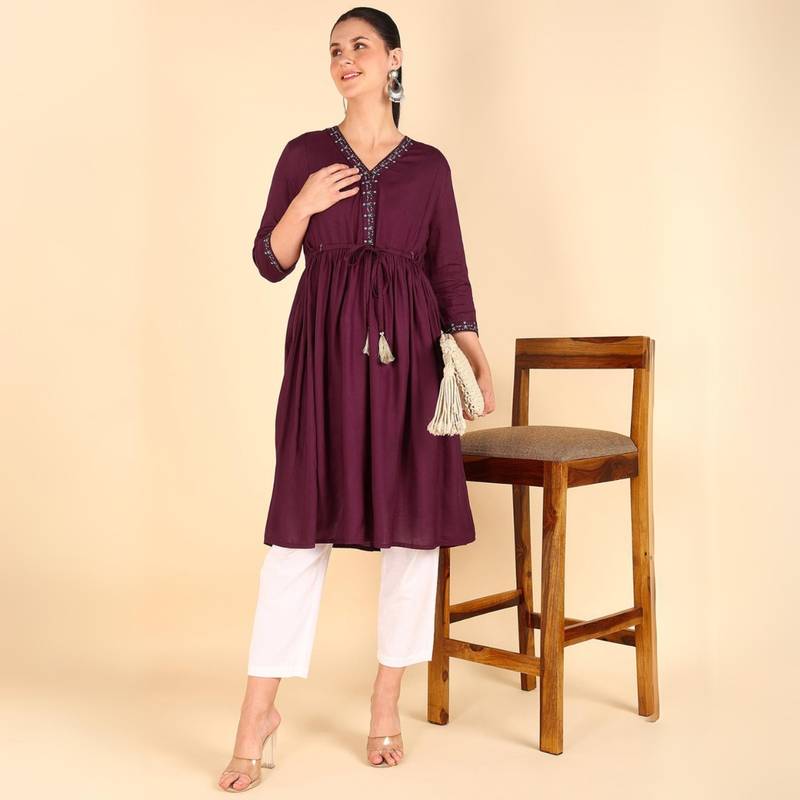 Zelena Women 3-4 Sleeves V Neck Rayon Ethnic Maternity Feeding Kurta with Zip (2XL)