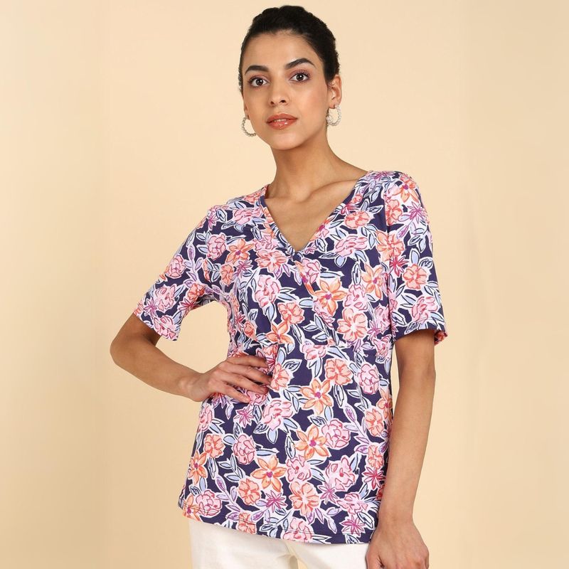 Zelena Women Cotton Half Sleeves V Neck Maternity Feeding Zipless Top (2XL)