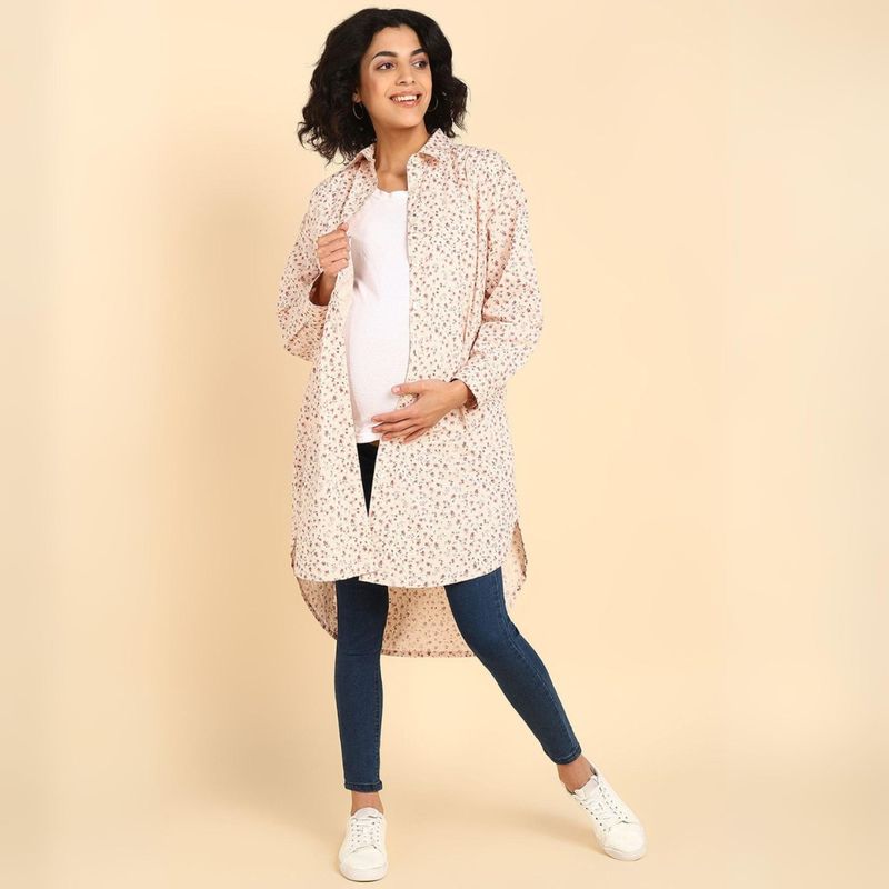 Zelena Pregnancy and Postpartum Maternity Feeding Printed Cotton Duster/Shrug (M)