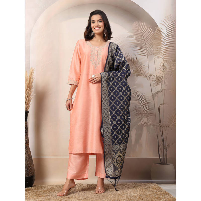 Zelena Peach Polyester Maternity Zipless Feeding Kurta Pant and Dupatta (Set of 3) (XL)