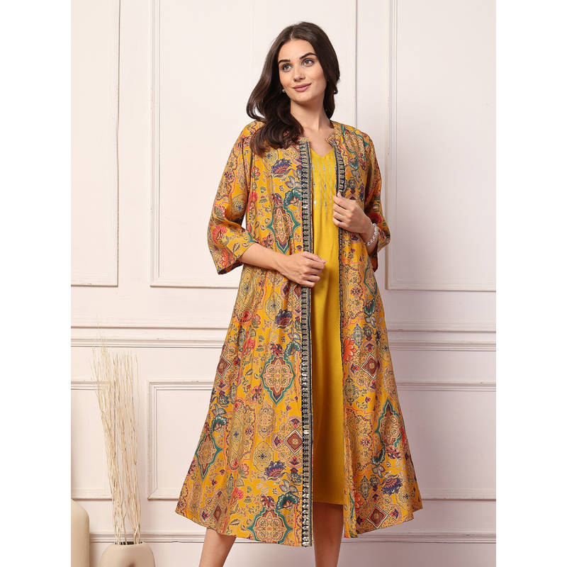 Zelena Mustard Rayon Maternity Feeding Dress and Shrug (Set of 2) (2XL)