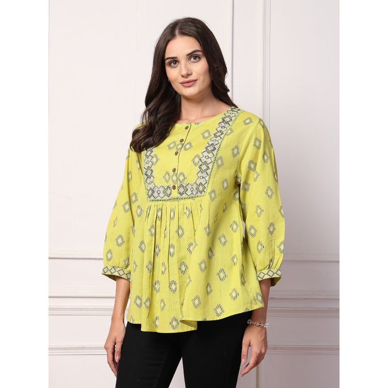 Zelena Green Cotton Ikat Printed Maternity Zipless Feeding Top (2XL)