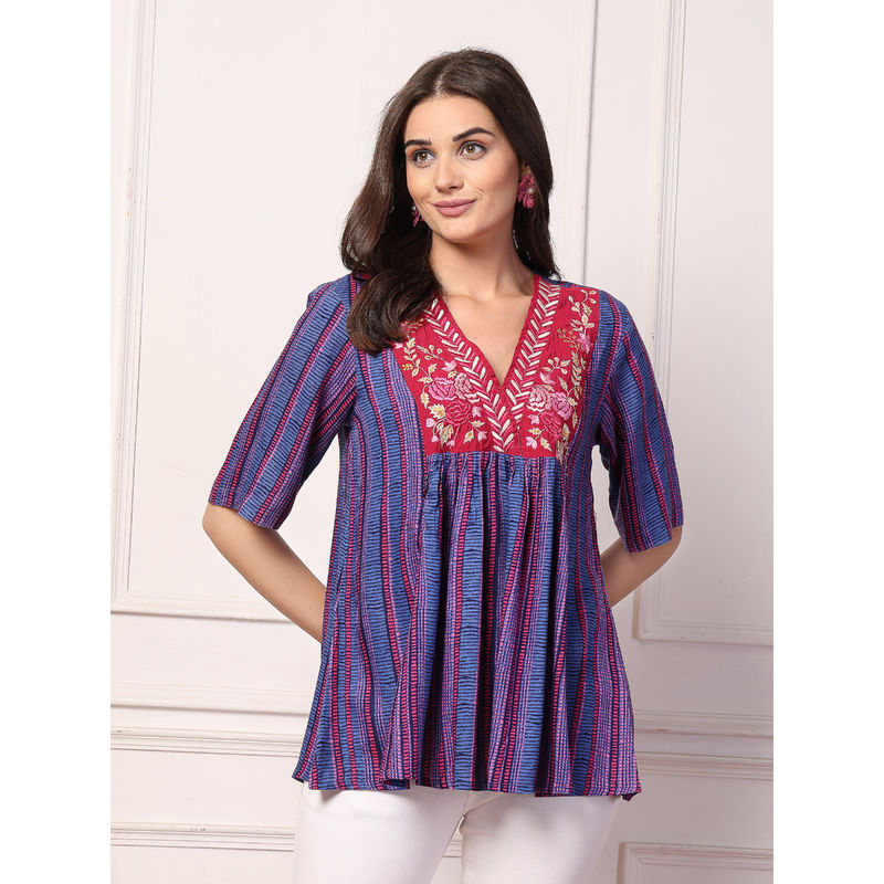 Zelena Blue Rayon Striped Printed Maternity Feeding Top (2XL)