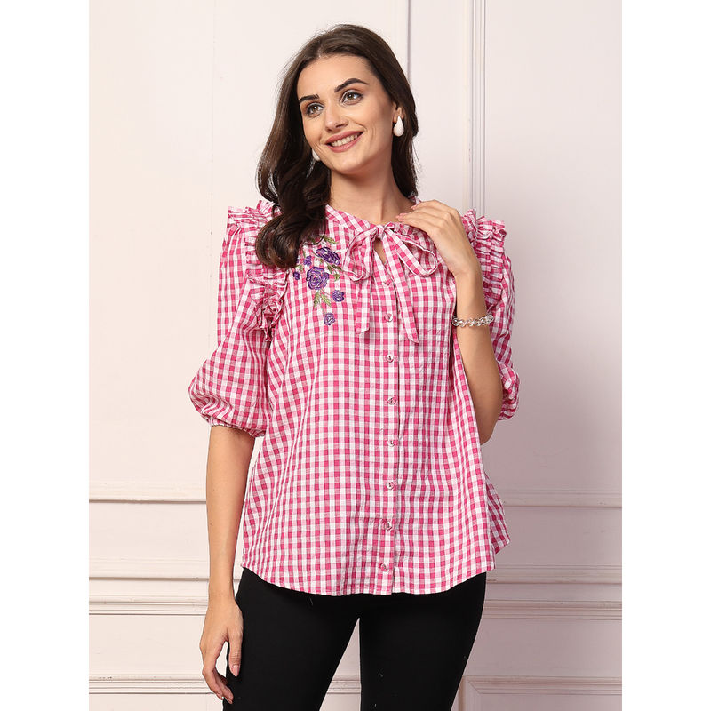 Zelena Pink Cotton Check Printed Maternity Feeding Zipless Top (XL)