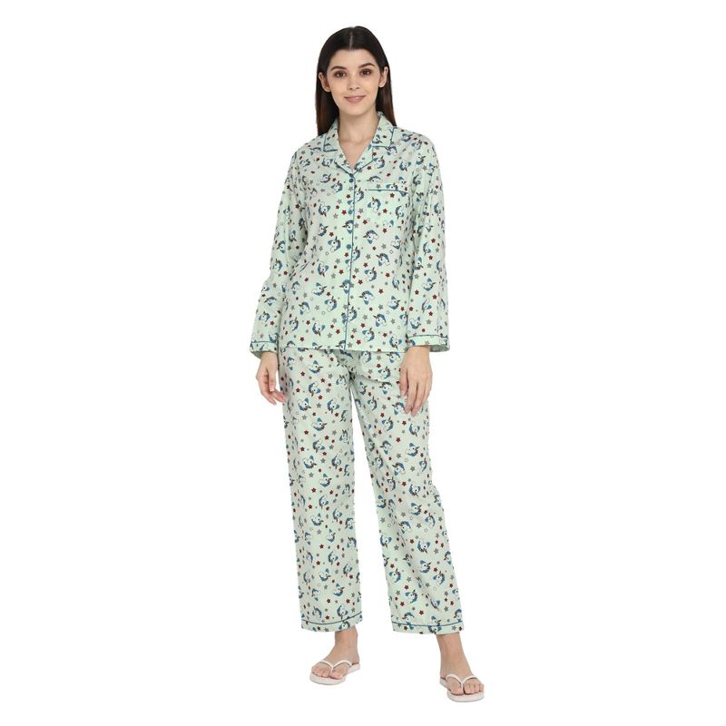 Shopbloom Cotton Grey Unicorn Star Print Long Sleeve with Pajama Set | Women's Night Suit- Grey (XS)