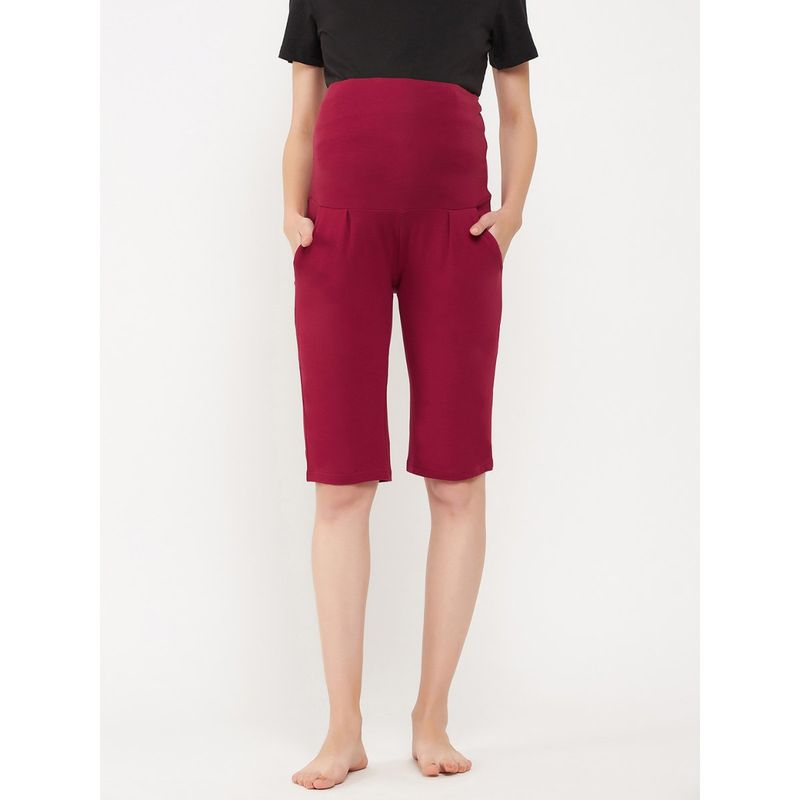 Clovia Chic Basic Maternity Shorts in Maroon - Cotton (M)