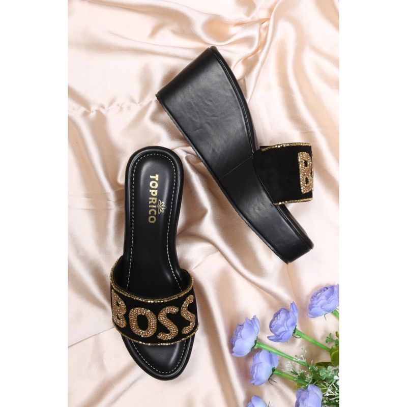 Toprico Boss Babe High Beads Embellished Black Wedges (EURO 41)