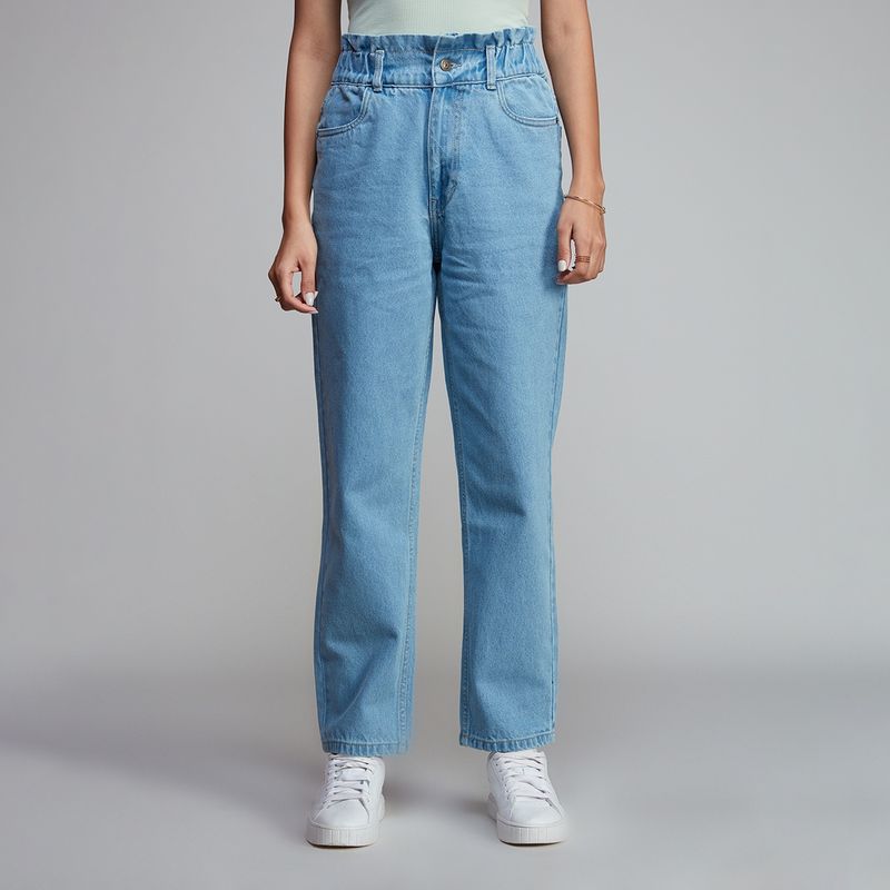 Madonna Light Blue High Rise Paper Bag Waist Denim Jeans (26)