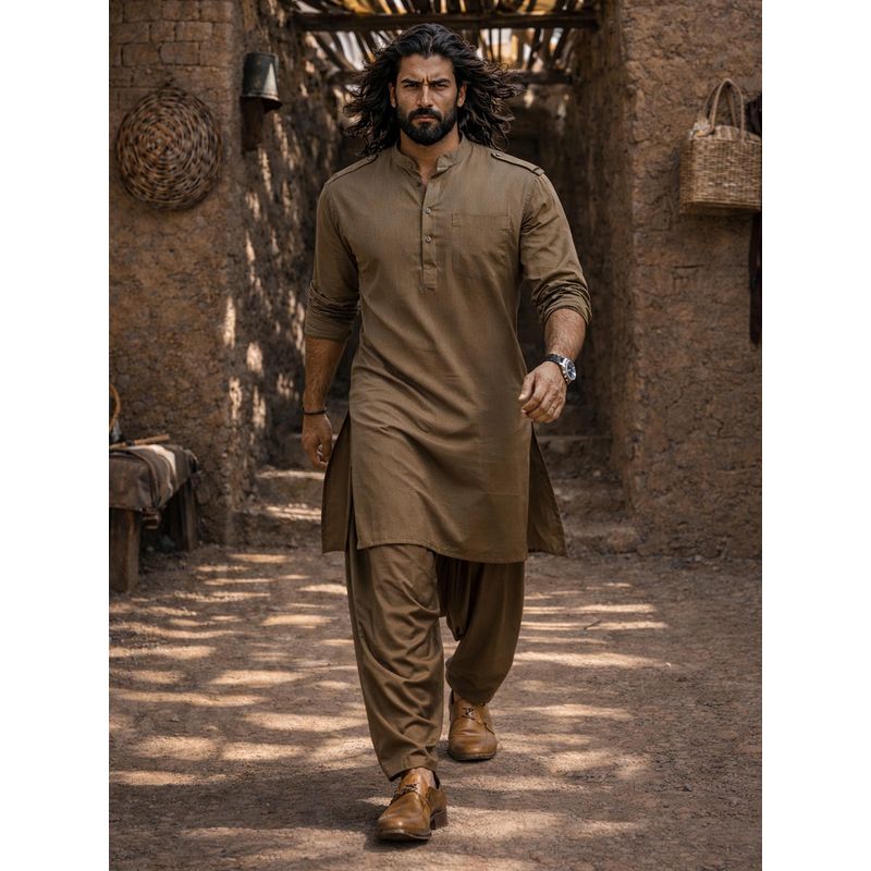 Vastramay Olive Solid/Plain Mandarin Neck Pathani Kurta With Patiala (M)