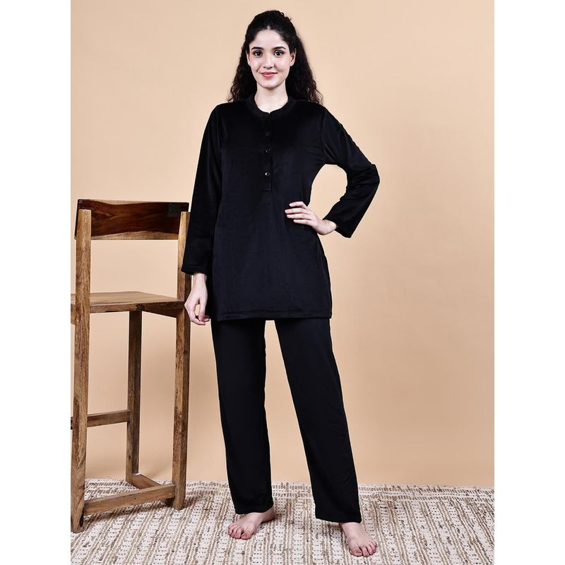 Secret Wish Black Solid Velvet Winter Night Suit (M)