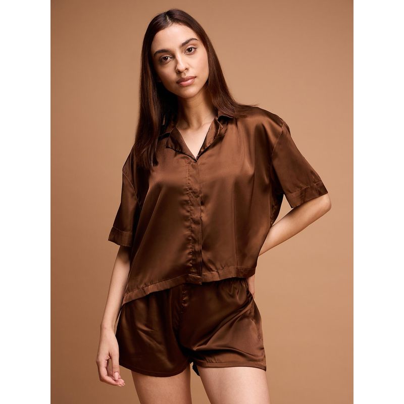 Sweet Dreams Womens Solid Front Open Silky Shirt With Shorts Brown (M)