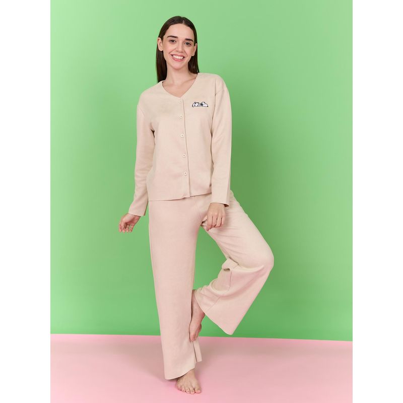 Sweet Dreams Womens Snoopy Front Open Top With Pyjama Cream (L)