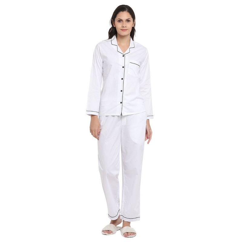 Shopbloom White Cotton Poplin with Black Piping Long Sleeve Women's Night Suit - White (XS)