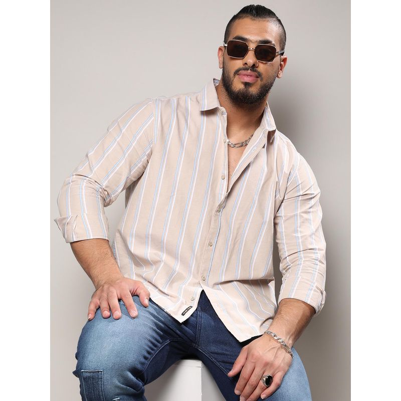 Instafab Plus Men Beige Striped Cotton Shirt (3XL)