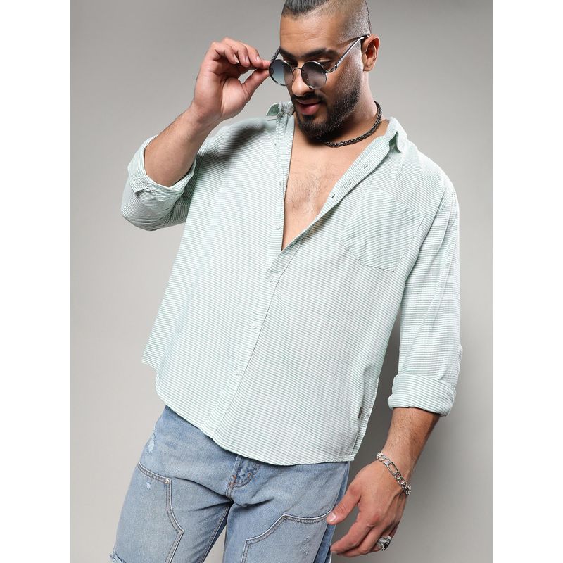 Instafab Plus Men White and Green Horizontal Chalk Striped Shirt (4XL)