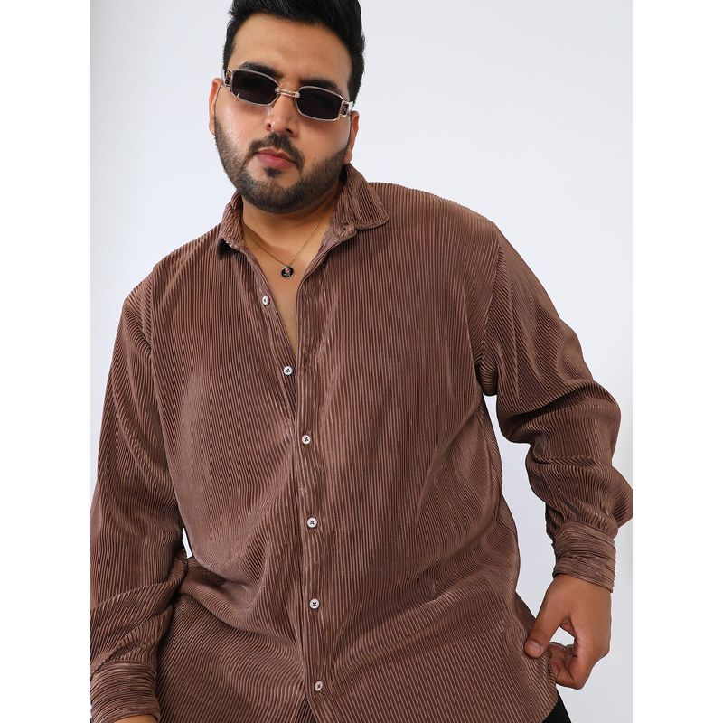Instafab Plus Men Mocha Brown Pleat-Creased Shirt (5XL)