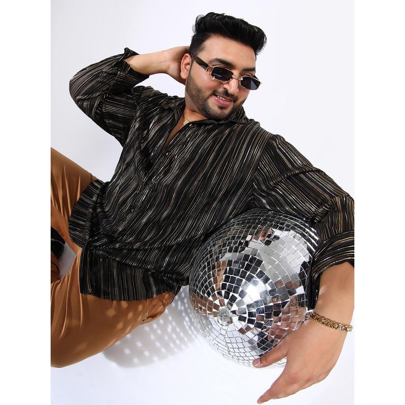 Instafab Plus Men Jet Black and Metallic Gold Pleat-Creased Shirt (4XL)