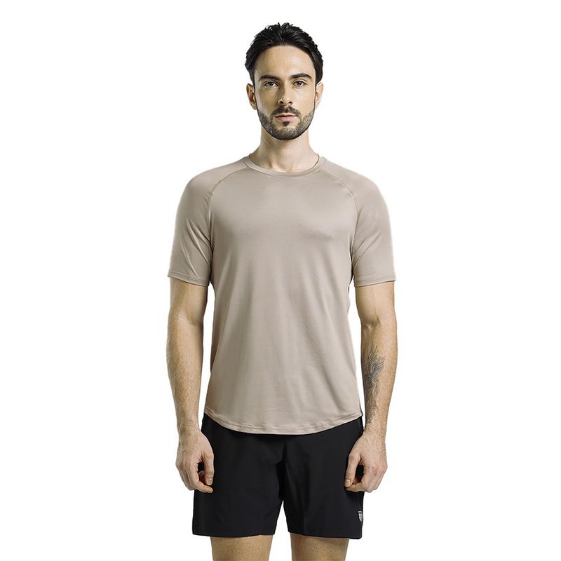 Tego Men Dark Beige Polyester Core Tech Solid T-Shirt (S)