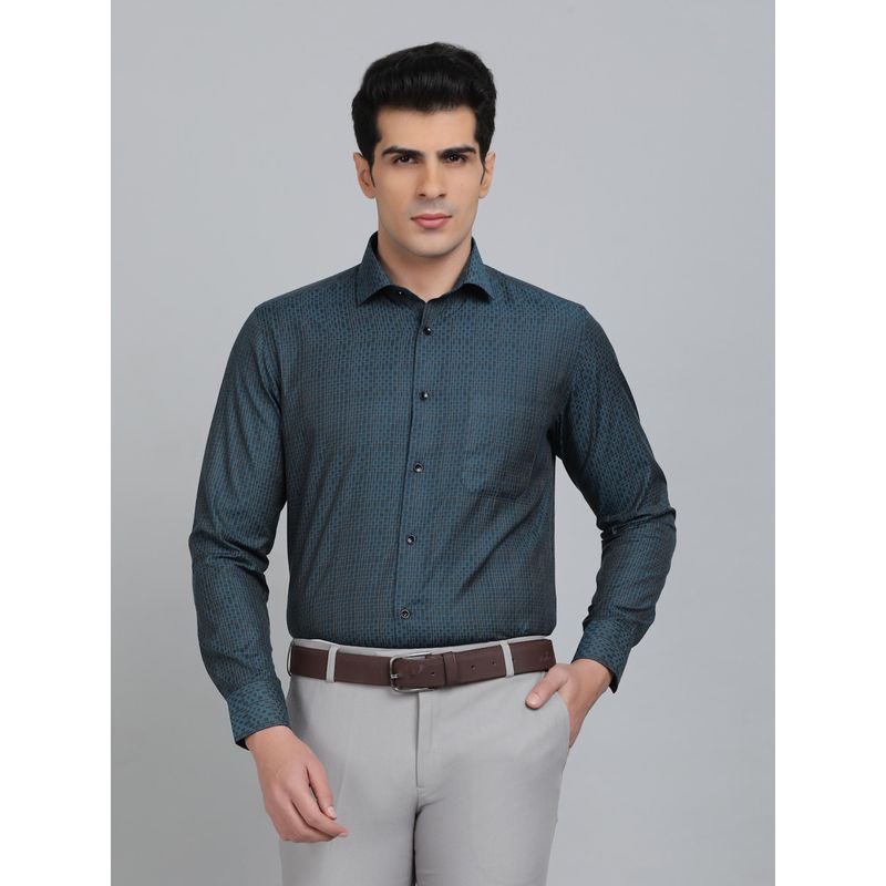 Greenfibre Slim Fit Printed Green Cotton Blend Formal Shirt (38)