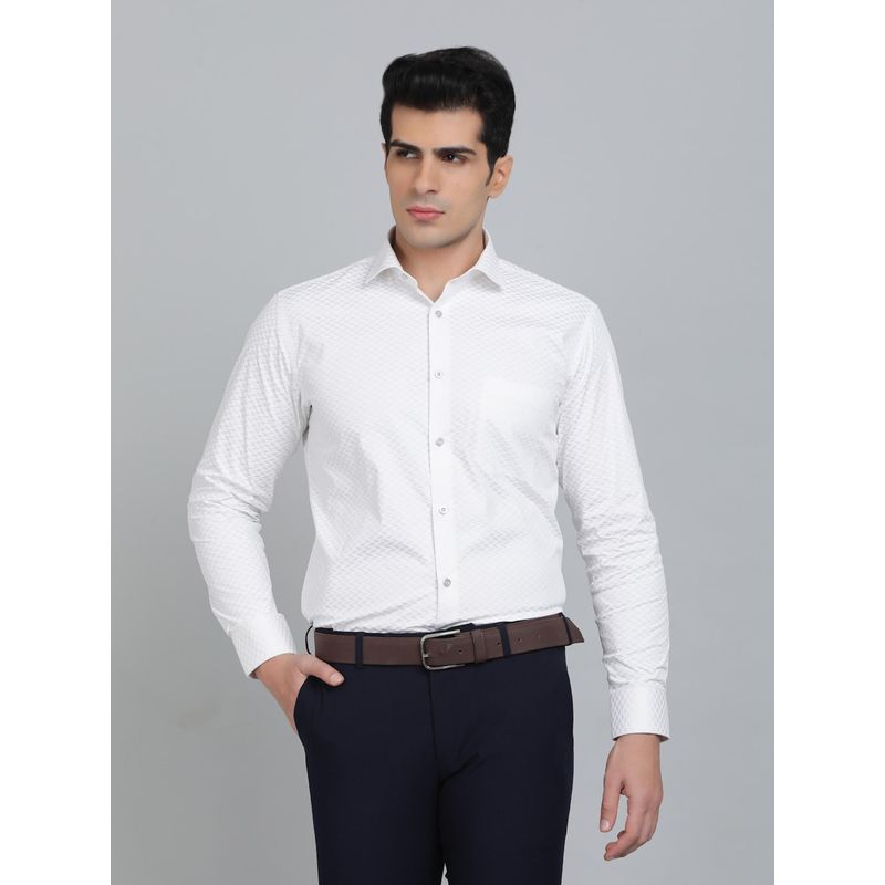 Greenfibre Slim Fit Printed White Cotton Party Wear Shirt (40)