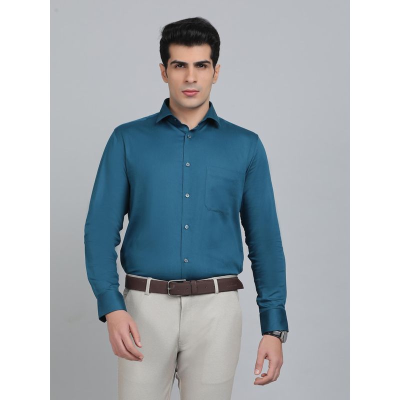 Greenfibre Slim Fit Solid Peacock Blue Cotton Blend Party Wear Shirt (39)