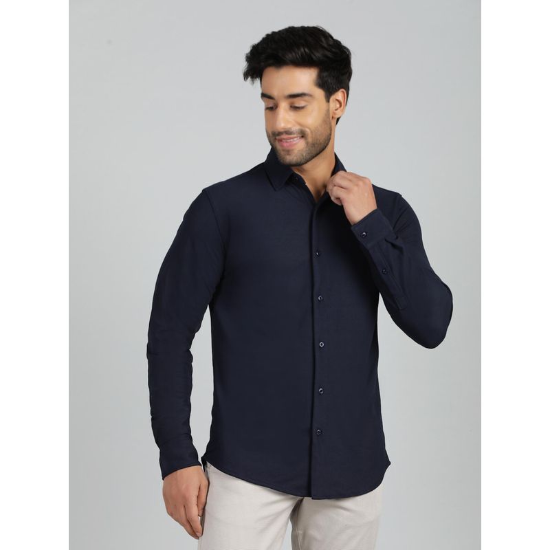 JadeBlue Slim Fit Solid Navy Blue Polyester Casual Shirt (39)