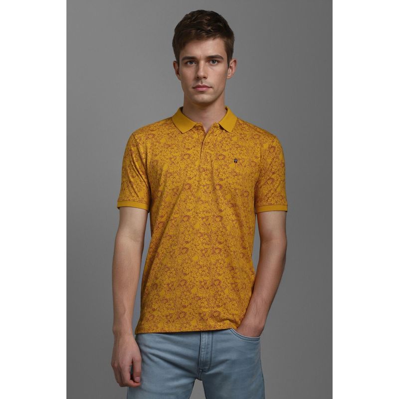 Louis Philippe Men Yellow Floral Collar Neck Polo T-Shirt (XL)