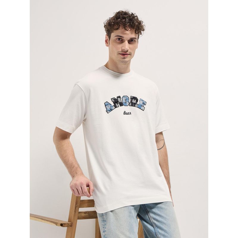 THE BEAR HOUSE Mens White Cotton Graphic Patchwork Oversize T-Shirt (M)