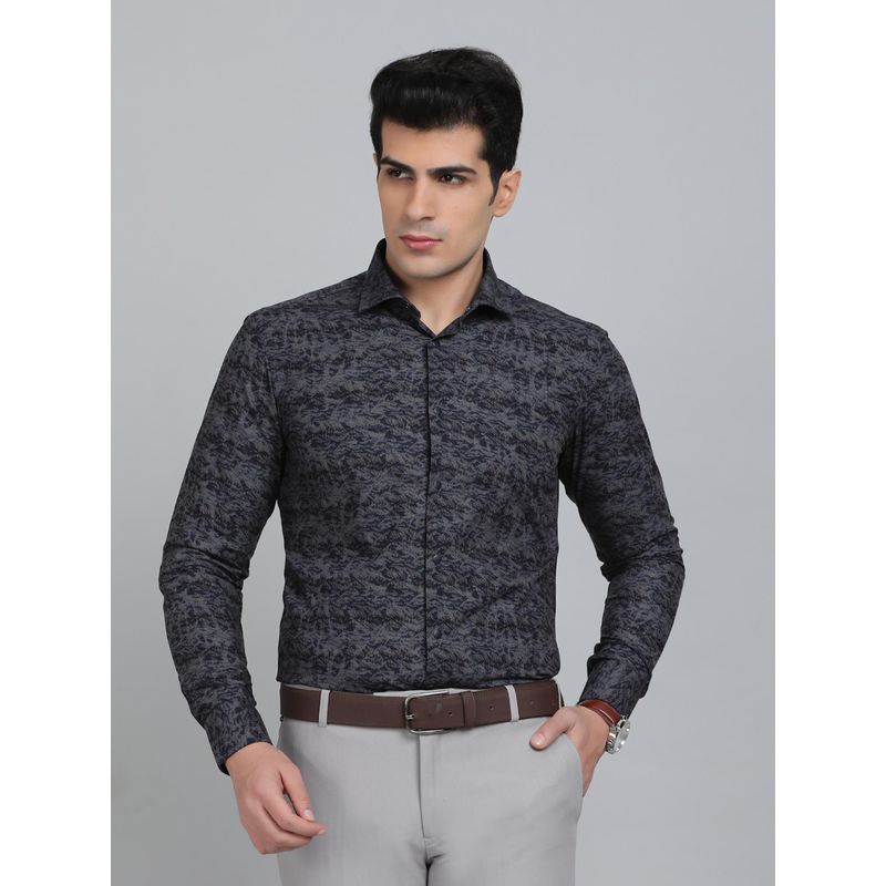 Wyre Slim Fit Printed Navy Blue Poly Viscose Party Wear Shirt (42)