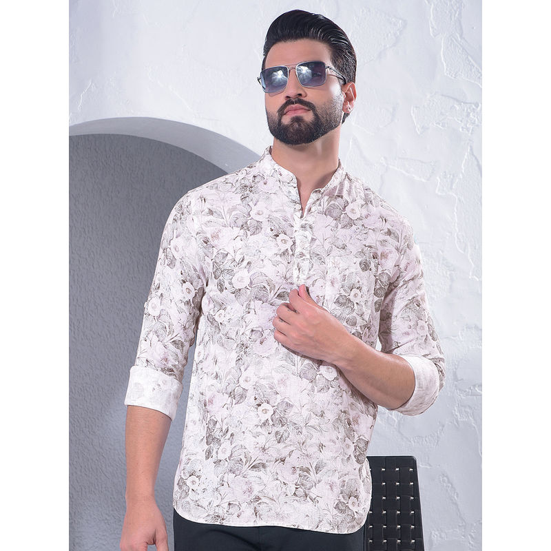 CRIMSOUNE CLUB Green Floral Print Linen Short Kurta (S)