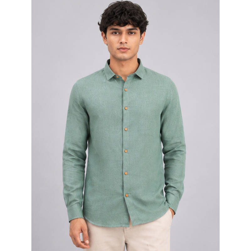 LINENWEAR Green Textured Full Sleeve Casual Shirt (L)
