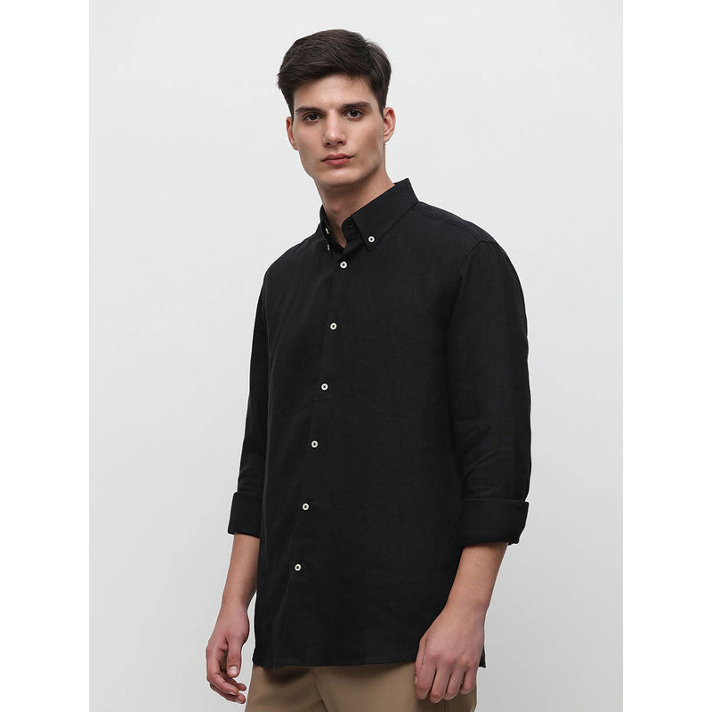 SELECTED HOMME Black Linen Full Sleeves Shirt (L)