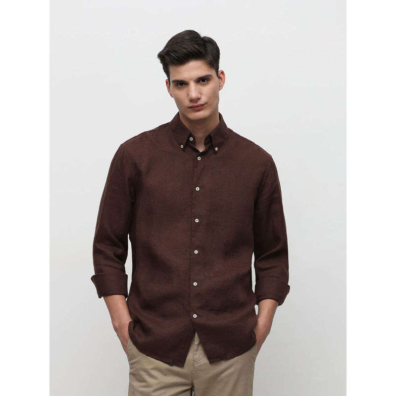 SELECTED HOMME Brown Linen Full Sleeves Shirt (XL)