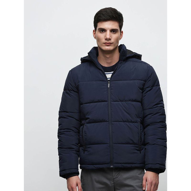 Selected Blue Hooded High Neck Puffer Jacket (M)