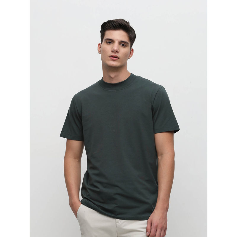 Selected Dark Green Solid Crew Neck T-Shirt (M)