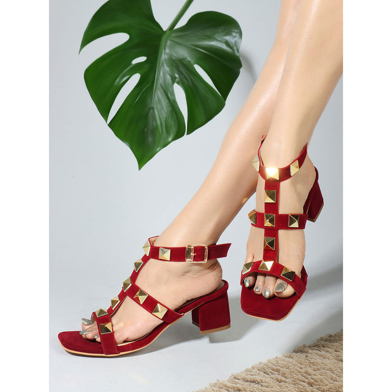 Iconics Womens Studded Maroon Color Ankle Strap Heel Sandals (EURO 38)