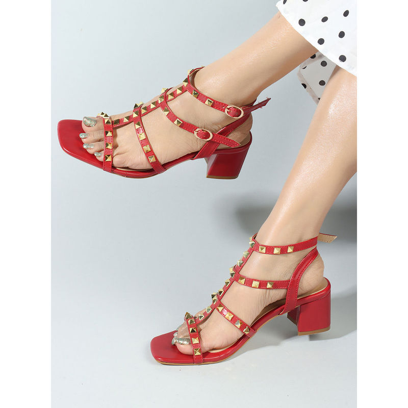 Iconics Womens Square Toe Red Color Ankle Strap Heel Sandals (EURO 40)